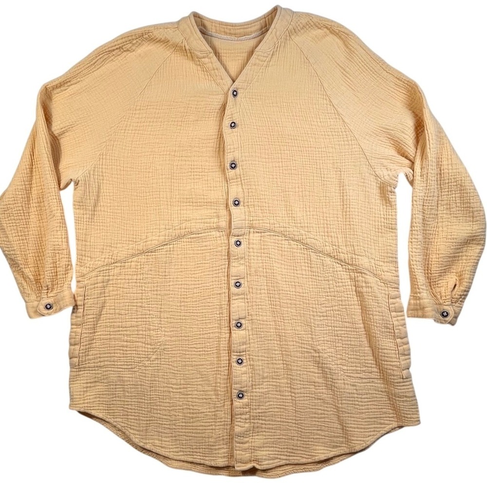 100% Cotton Double Gauze Tunic Shirt Yellow Button Front Pockets XXL 2XL